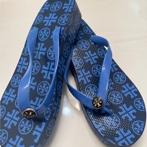 Tory Burch Blue Patterned Wedge Sandals